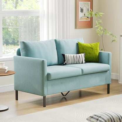 TYBOATLE 51" W Linen Fabric Upholstered Modern Loveseat Sofa Couch for Living Room, Love Seats 2-Seater Furniture w/Iron Legs for Compact Space, Apartment, Bedroom, Dorm, Office, Aqua Blue | Love Seat, Small Sofa, Linen Upholstery, Iron Legs, Living Room,