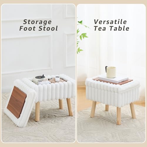 Wimarsbon Storage Ottoman,Soft Faux Fur Footstool with Padded Seat, Small Reading Vanity Chair, Footrest with Wood Tray for Couch, Mini Coffee Table or Display Stand (Cream)
