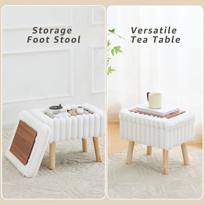 Wimarsbon Storage Ottoman,Soft Faux Fur Footstool with Padded Seat, Small Reading Vanity Chair, Footrest with Wood Tray for Couch, Mini Coffee Table or Display Stand (Cream)