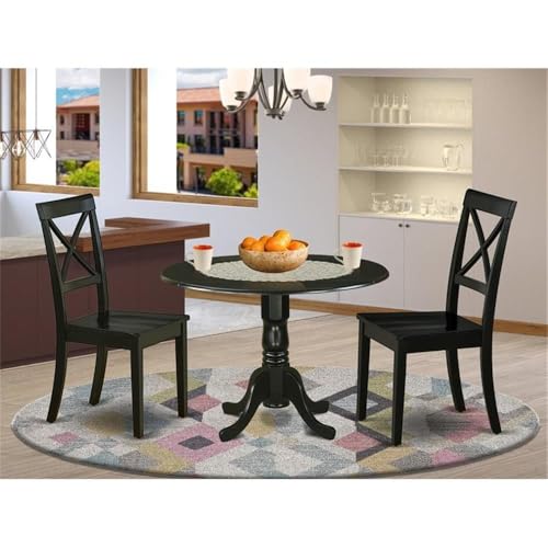 East West Furniture DLBO3-BLK-W 3 Piece Dining Table Set for Small Spaces Contains a Round Dining Room Table with Dropleaf and 2 Wood Seat Chairs, 42x42 Inch, Black - color: Dlbo3-blk-w, size: Table + 2 Chairs