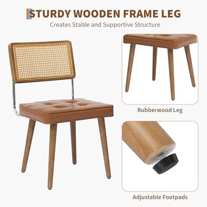 GarveeHome Natural Rattan Dining Chairs Set of 4, PU Upholstered Kitchen Chairs with Tall Cane Backrest and Strong Wood Legs for Dining Room, Kitchen, Restaurant, Brown - color: Brown, size: 4 PCS