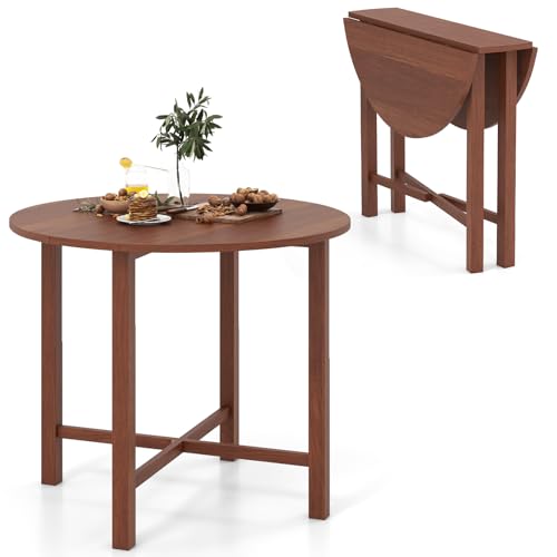 GOFLAME 36” Folding Dining Table for 2-4, Round Drop Leaf Kitchen Table with Solid Wood Legs, Space Saving Extendable Table for Dining Room, Living Room, Small Space, Walnut - color: Walnut