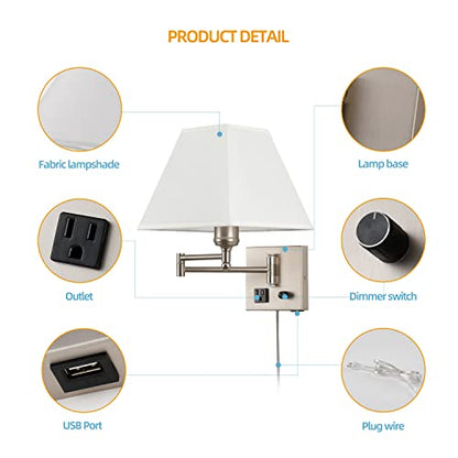 Plug in Wall Light,Swing Arm Wall Sconces with USB Port and Outlet,Wall Lamp with White Fabric Shade Dimmable Switch for Bedroom, Living Room , Office Nickel - color: Sand Nickel