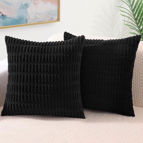decorUhome Black Corduroy Throw Pillow Covers 24x24 Set of 2 | Boho Striped Decorative Lumbar Pillowcases Accent Modern Farmhouse Neutral Twill Pillow Covers for Bed Sofa Living Room - color: Dark Black, size: 24" x 24" (Pack of 2)