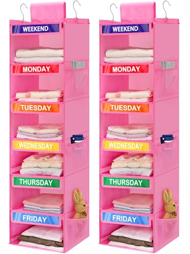 2 Pack 6-Shelf Weekly Clothes Organizer for Kids, Hanging Daily Closet Organization with 6 Side Pockets, Days of The Week Clothing Divider Storage for Boys and Girls (Pink) - color: Pink-02