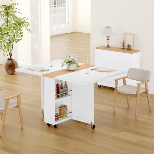 Folding Dining Table for 2-6, Easy Assembly, White+Oak | 52.7" Folding Dining Table with 6 Wheels, Drop Leaf Table with Drawers, Shelves and Wine Rack for Small Spaces - color: White