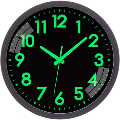 Glow in the Dark Wall Clock with Silent Lumious Night Light 12 in | Wall Clock Battery Operated, Lighted up, Easy to Read, Large Display,Analog Clock, for Bedroom Kitchen Living Room - color: All-black
