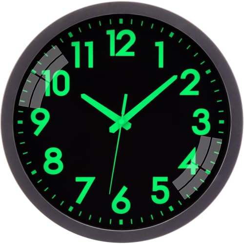 Glow in the Dark Wall Clock with Silent Lumious Night Light 12 in | Wall Clock Battery Operated, Lighted up, Easy to Read, Large Display,Analog Clock, for Bedroom Kitchen Living Room - color: All-black