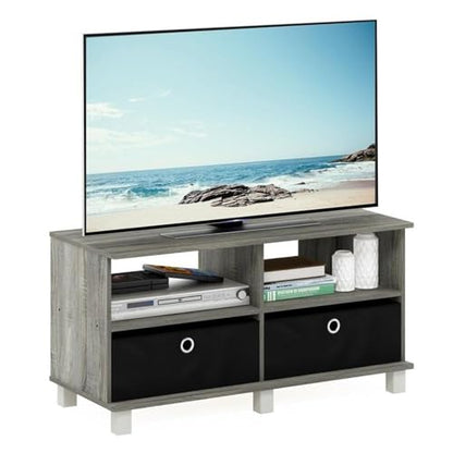 Furinno Andrey Entertainment Center with Bin Drawers, French Oak Grey/Black | Open Shelf TV Console for TV up to 46 Inch with Bin Drawers, for Living Room, Bedroom