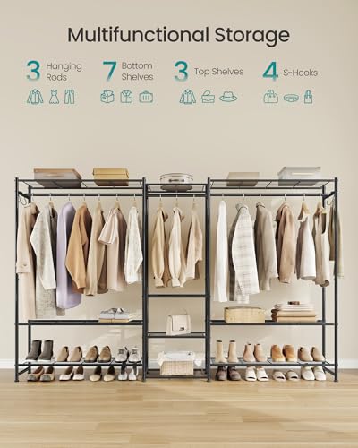 SONGMICS Portable Closet Wardrobe, Clothes Rack, Closet Organizers and Storage, Freestanding Clothing Rack with 10 Shelves, 3 Hanging Rods, Metal Frame Rack, for Bedroom, Entryway, Black ULGR011BZ03S - size: 81.3"L