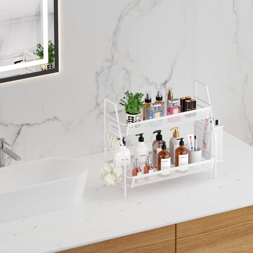VITVITI 2 Tier Bathroom Countertop Organizer, Vanity Storage Shelf, White | Bathroom Counter Organizer, Vanity Makeup Tray Shelf, Kitchen Spice Rack, Metal Wire Mesh, with Basket Hooks - color: 2 Tier Large White