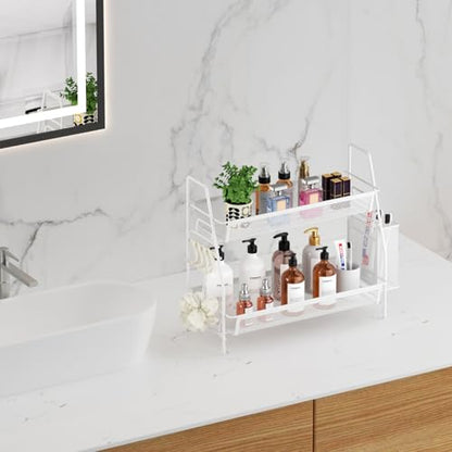 VITVITI 2 Tier Bathroom Countertop Organizer, Vanity Storage Shelf, White | Bathroom Counter Organizer, Vanity Makeup Tray Shelf, Kitchen Spice Rack, Metal Wire Mesh, with Basket Hooks - color: 2 Tier Large White