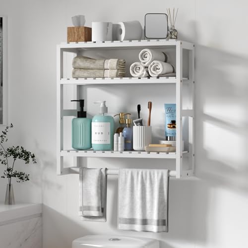 Galood Over The Toilet Storage Bathroom Shelves Wall Mounted 3 Tier White | Space Saver Corner Shelf Organizer Bamboo Towel Rack Toilet Paper Cabinet with Hanging Rod - color: White 1pack, size: Large