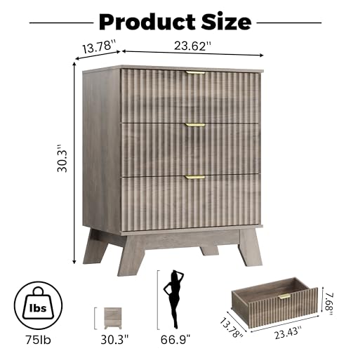 Grey Night Stand with 3 Drawers, Bedside Table & End Table, 24" Wide Mid Century Modern Fluted Wood Nightstand with Metal Handles, Farmhouse Night Stands for Bedroom, Gray - color: Grey, style: 3 Drawers