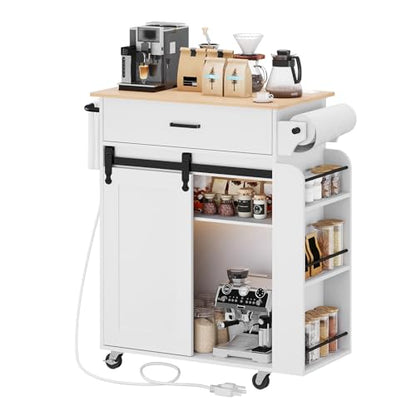Kitchen Island with Storage, Mobile Kitchen Cart with Charging Station, Kitchen Island on Wheels, Rolling Island Table with Sliding Cabinet Door, White and Natural ZD01UWN - color: White + Natural