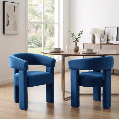 Modern Barrel Dining Chairs Set of 4 Upholstered Accent Kitchen Chair with Arms Comfy Velvet Armchairs for Kitchen Dining Room Living Room, Blue - color: Blue, size: Set of 4