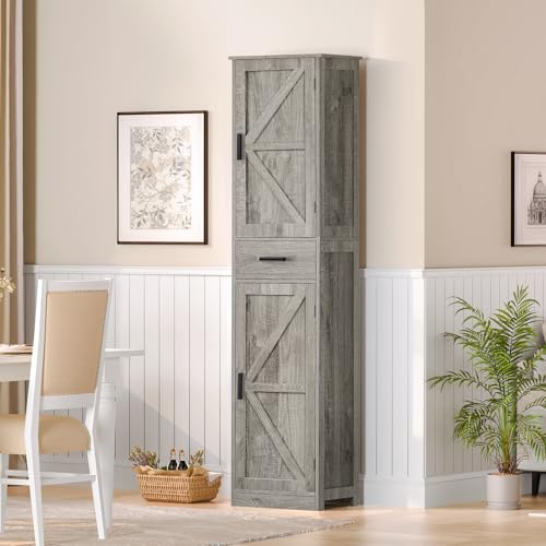TEENFON Tall Bathroom Cabinet, Storage Cabinet with 6 Shelves & Drawer, Bathroom Storage Cabinet with Adjustable Shelves, Tall Cabinet for Living Room, Home Office, Grey - color: Grey