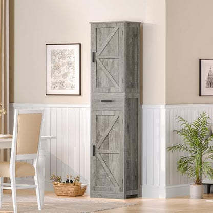 TEENFON Tall Bathroom Cabinet, Storage Cabinet with 6 Shelves & Drawer, Bathroom Storage Cabinet with Adjustable Shelves, Tall Cabinet for Living Room, Home Office, Grey - color: Grey