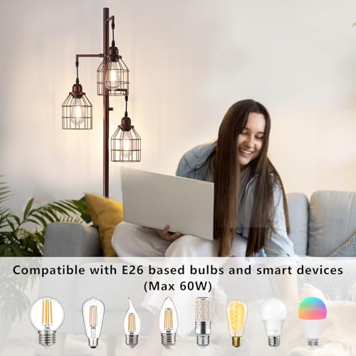 9MMML Floor Lamp for Living Room, Farmhouse Industrial Dimmable Floor lamp, 3 Lights Metal Cage Tree Standing Lamp,68", 3Pcs LED Bulbs Included - color: Oil Rubbed Bronze B