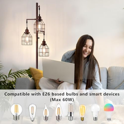 9MMML Floor Lamp for Living Room, Farmhouse Industrial Dimmable Floor lamp, 3 Lights Metal Cage Tree Standing Lamp,68", 3Pcs LED Bulbs Included - color: Oil Rubbed Bronze B