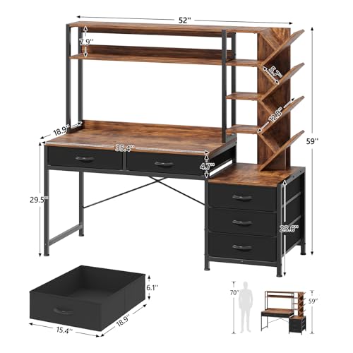 52" Computer Desk with Bookshelf, 5 Drawers ＆ Hutch for Bedroom | Office Desk with Printer Shelf, Study Writing Desk with Storage Shelves, Rustic Brown - color: Rustic Brown