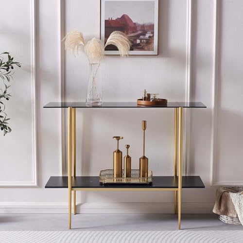LumFurn Glass Console Table for Living Room, Foyer & Entrance, 2-Tiers Mid-Century Modern Sofa Table with Grey Glass Top, Black Marble Finish Wood Shelf and Gold Finish Frame - color: Grey & Black Marble