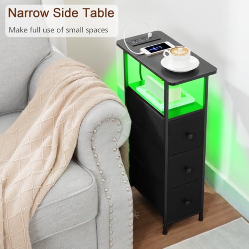 Narrow End Table with Charging Station, Small Nightstand | Skinny Side Tables Living Room with 3 Fabric Drawers, Bedside Table with LED Lights for Bedroom, Small Spaces, Black - color: Black, size: 27.55''H (3 Drawers), style: Power + Light