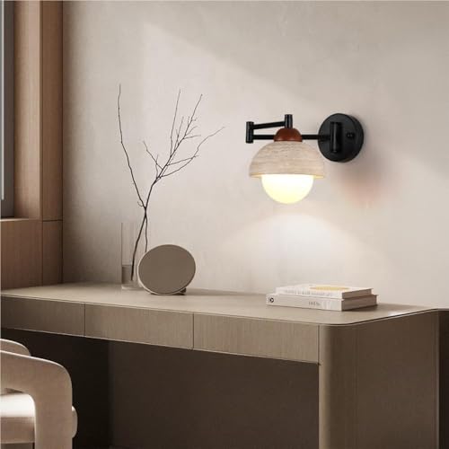Matte Black Swing Arm Wall Sconce, Adjustable E26 Hardwired Vanity Light, Modern Travertine Lamp for Bedroom Bedside, Bathroom, Living Room