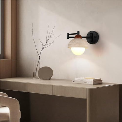 Matte Black Swing Arm Wall Sconce, Adjustable E26 Hardwired Vanity Light, Modern Travertine Lamp for Bedroom Bedside, Bathroom, Living Room