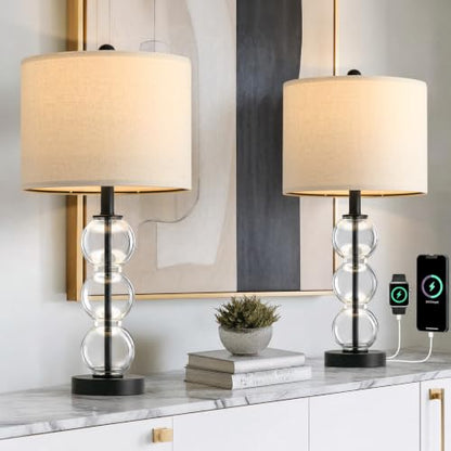 25" Glass Table Lamps Set of 2, Black Modern Table Lamps with USB Ports for Living Room, Linen Shade Bedside Lamps for Bedroom, Nightstand, Side Table (Bulbs not Included) - color: Black