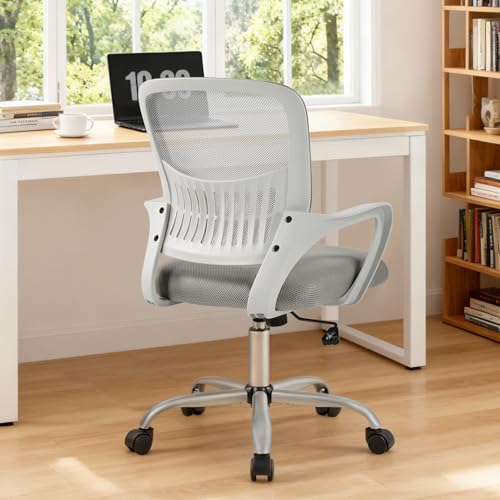 Sweetcrispy Computer Desk Chair, Mesh Office Chair, Lumbar Support, Grey | Ergonomic Mid-Back, Adjustable Height, 360° Swivel Wheels, Comfy Arms, Bedroom Study, Managerial Executive - color: Grey, size: 23 Inch