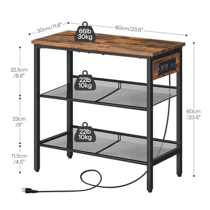 HOOBRO End Table, 3-Tier Narrow Side Table with Charging Station, Nightstand with 2 Flat or Slant Adjustable Shelves for Small Spaces, Living Room, Bedroom, Rustic Brown and Black BF23UBZ01G1 - color: Rustic Brown + Black