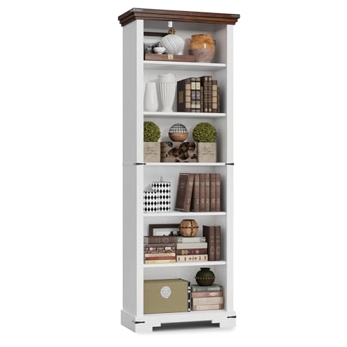 6-Tier Farmhouse Bookshelf, 73 inch Tall Book Shelf with Unique Design & 2 Adjustable Shelves, Wooden Bookshelf for Study Room, Living Room, Kitchen, Bedroom (White) - color: White, size: 6-tier