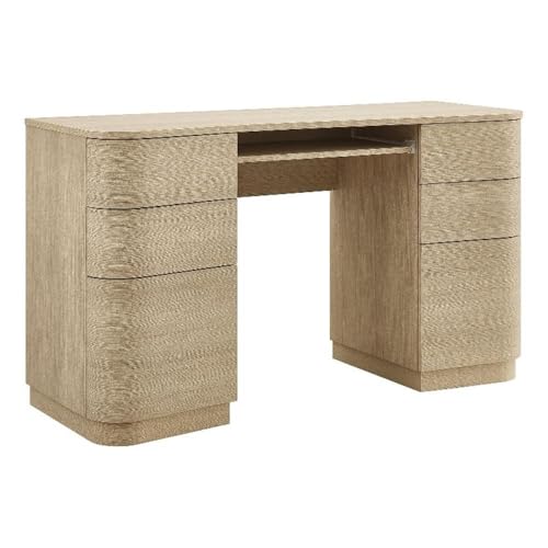 Modway Mirae 55 Inch Computer Desk with Drawers in Brushed Light Oak – Modern Compact Office Desk with Keyboard Tray, Curved Edges, and 6 Storage Drawers for Bedroom, Dorm Room, or Vanity Setup - color: Brushed Light Oak
