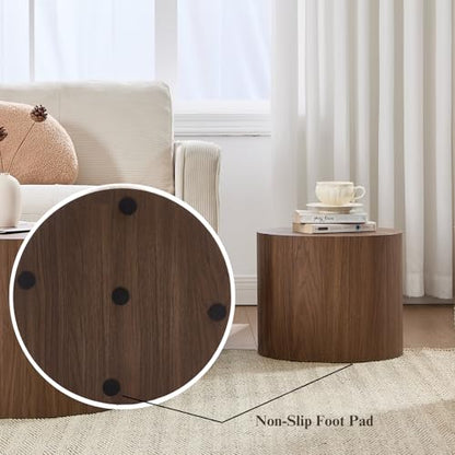Ya-Home Round Coffee Tables Side Table Set of 2, Wood Nesting End Table for Living Room Balcony Office, Walnut Wooden Color, No Assembling - color: Walnut