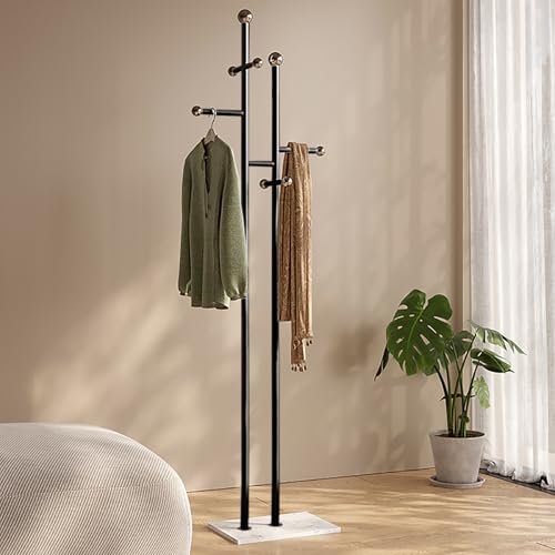 Metal Standing Coat Rack for Entryway Bedroom Living Room (Black) | Easy Assembly, Compact Footprint, Space Saver, Metal Frame, Marble Base, Sturdy, 8 Spherical Hooks, Office, Corner - color: SH Black
