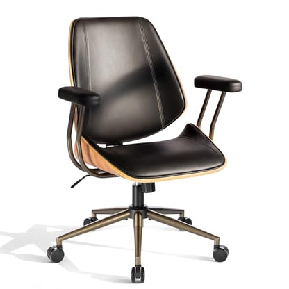 Modern Mid Back Office Chair, Adjustable Swivel Desk Chair with Arms, Black | Faux leather seat, wood accent detail, mid-back with padded armrests, adjustable swivel, for home office, bedroom & study - color: Black, size: 1-Piece Back / No Headrest
