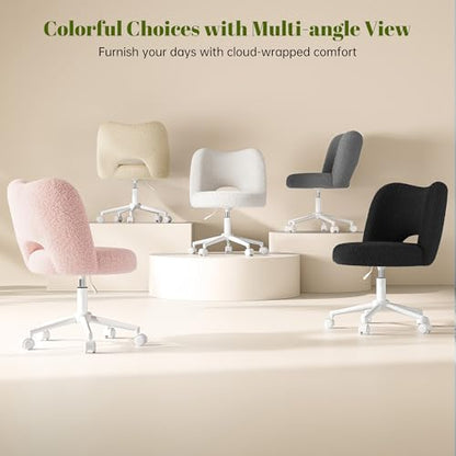DurayLoly Vanity Chair with Open Back & Wheels White | Swivel, Fluffy Teddy Fabric, Height Adjustable,300lbs for Makeup Room, Vantiy, Bedroom - color: White