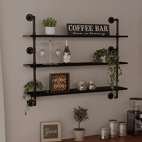 HDDFER Industrial Pipe Shelving Rustic Black Wall Shelves with Wood Planks Industrial Floating Shelves 48 Inch 3 Tier Farmhouse Bookshelf Pipe Shelves Wall Mounted,Open Shelving For living room/office - color: Black, size: 3Tier48in