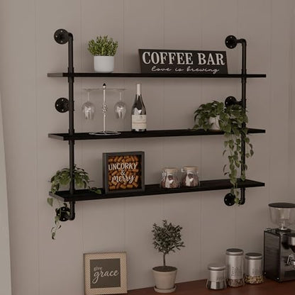 HDDFER Industrial Pipe Shelving Rustic Black Wall Shelves with Wood Planks Industrial Floating Shelves 48 Inch 3 Tier Farmhouse Bookshelf Pipe Shelves Wall Mounted,Open Shelving For living room/office - color: Black, size: 3Tier48in