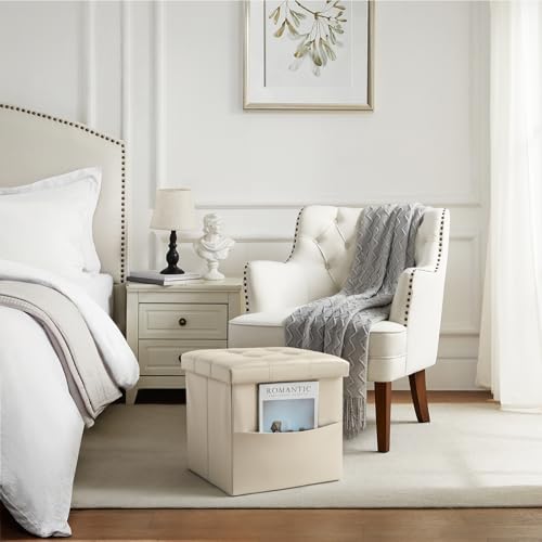 Bsketa Storage Ottoman Bench,15 Inch Folding Leather Foot Rest Stool, Beige | Small Ottoman with Side Pockets, Thicker Foam Padded Seat, Livingroom, Dorm, Bedroom, Easy to install, 30L,15x15x15in - color: Beige-with Side Pockets