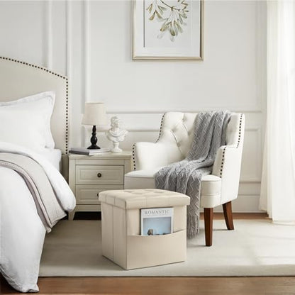 Bsketa Storage Ottoman Bench,15 Inch Folding Leather Foot Rest Stool, Beige | Small Ottoman with Side Pockets, Thicker Foam Padded Seat, Livingroom, Dorm, Bedroom, Easy to install, 30L,15x15x15in - color: Beige-with Side Pockets