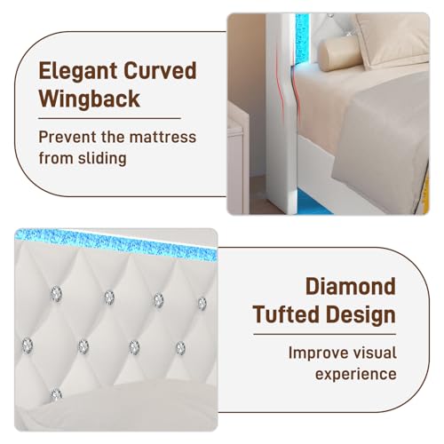 Twin Bed Frame with LED Lights & Charging Station, Upholstered Bed Frame Twin Size with Storage Headboard & 2 Drawers, Diamond Tufted, Curved Wingback, PU Leather, No Box Spring Needed, White - color: White, size: Twin