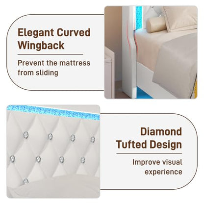 Twin Bed Frame with LED Lights & Charging Station, Upholstered Bed Frame Twin Size with Storage Headboard & 2 Drawers, Diamond Tufted, Curved Wingback, PU Leather, No Box Spring Needed, White - color: White, size: Twin