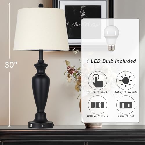 Cinyirong 30" Tall Black Table Lamp, 3-Way Dimmable Touch Control Bedside Lamp with USB A+C & AC Outlet for Bedroom, Living Room (1 Pack) - color: Black (1 Pack)