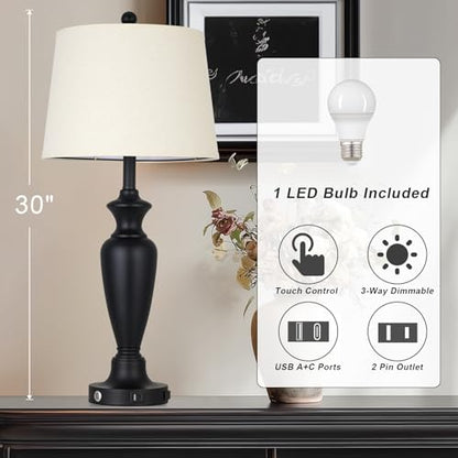 Cinyirong 30" Tall Black Table Lamp, 3-Way Dimmable Touch Control Bedside Lamp with USB A+C & AC Outlet for Bedroom, Living Room (1 Pack) - color: Black (1 Pack)