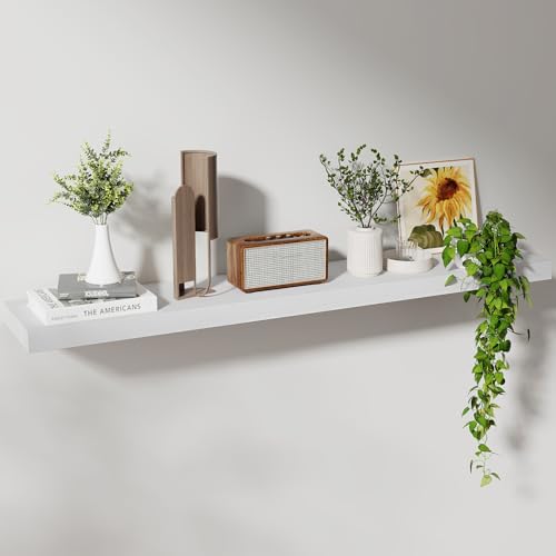 Floating Shelves, 8 Inch Deep Rustic Solid Wood Wall Shelves for Storage, Wall Mounted Display Shelving with Invisible Heavy-Duty Metal Bracket, 48" W x 8" D x 1.6" H, Distressed White - color: Distressed White, size: 48" W, 1-Pack