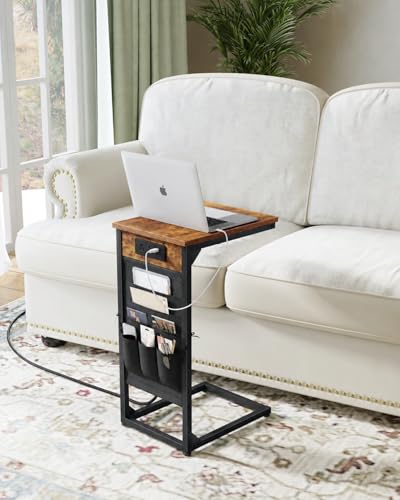 C-Shaped End Table with Fast-Charging Station, Small Couch Side Table with Storage Bag, Sofa TV Tray Table for Living Room, Bedroom, Bedside ET-BR-1 - color: Rustic Brown