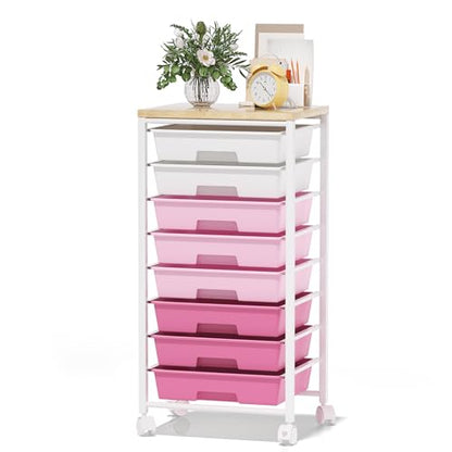 Rolling Cart with 8 Drawers, Storage Drawers Cart with Wooden Tabletop and Lockable Wheels, Craft Storage for Living Room, Office, Classroom, Craft Room, Bedroom - color: Pink