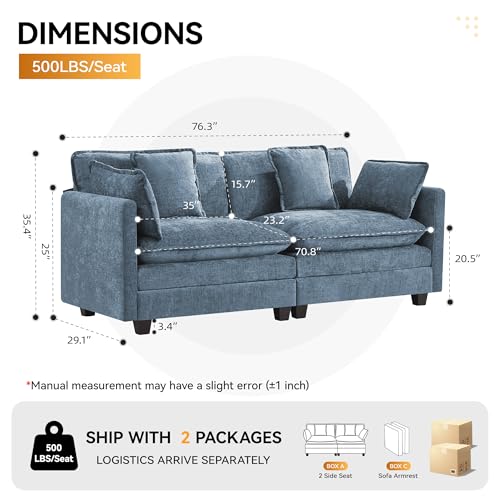 76" Cloud Loveseat Sofa, Modular Sectional Couch with Deep Seats and Double-Layer Thick Cushions, Chenille Upholstered 2-Seat Sofa for Living Room Apartment, Blue - color: Blue, size: 76'' Loveseat